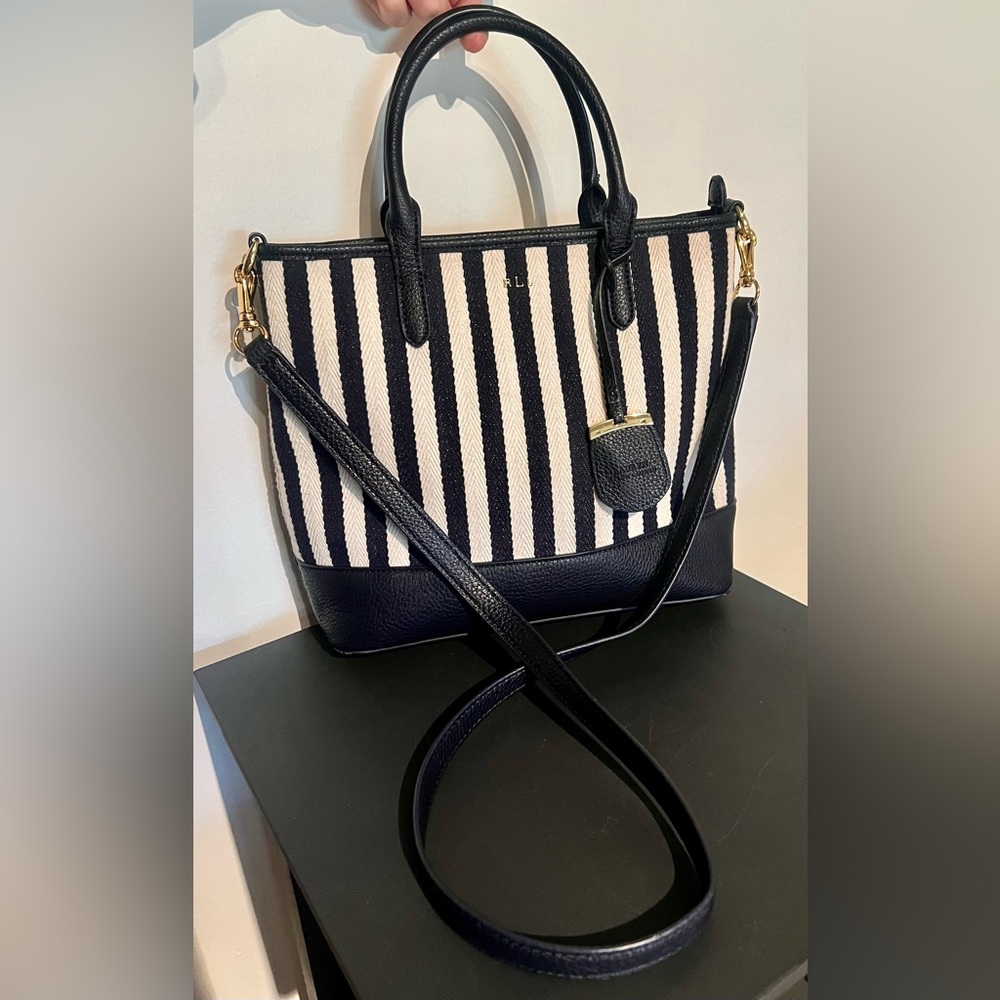 Lauren Ralph Lauren Navy and Jute Striped Purse with Handles & Crossbody Strap